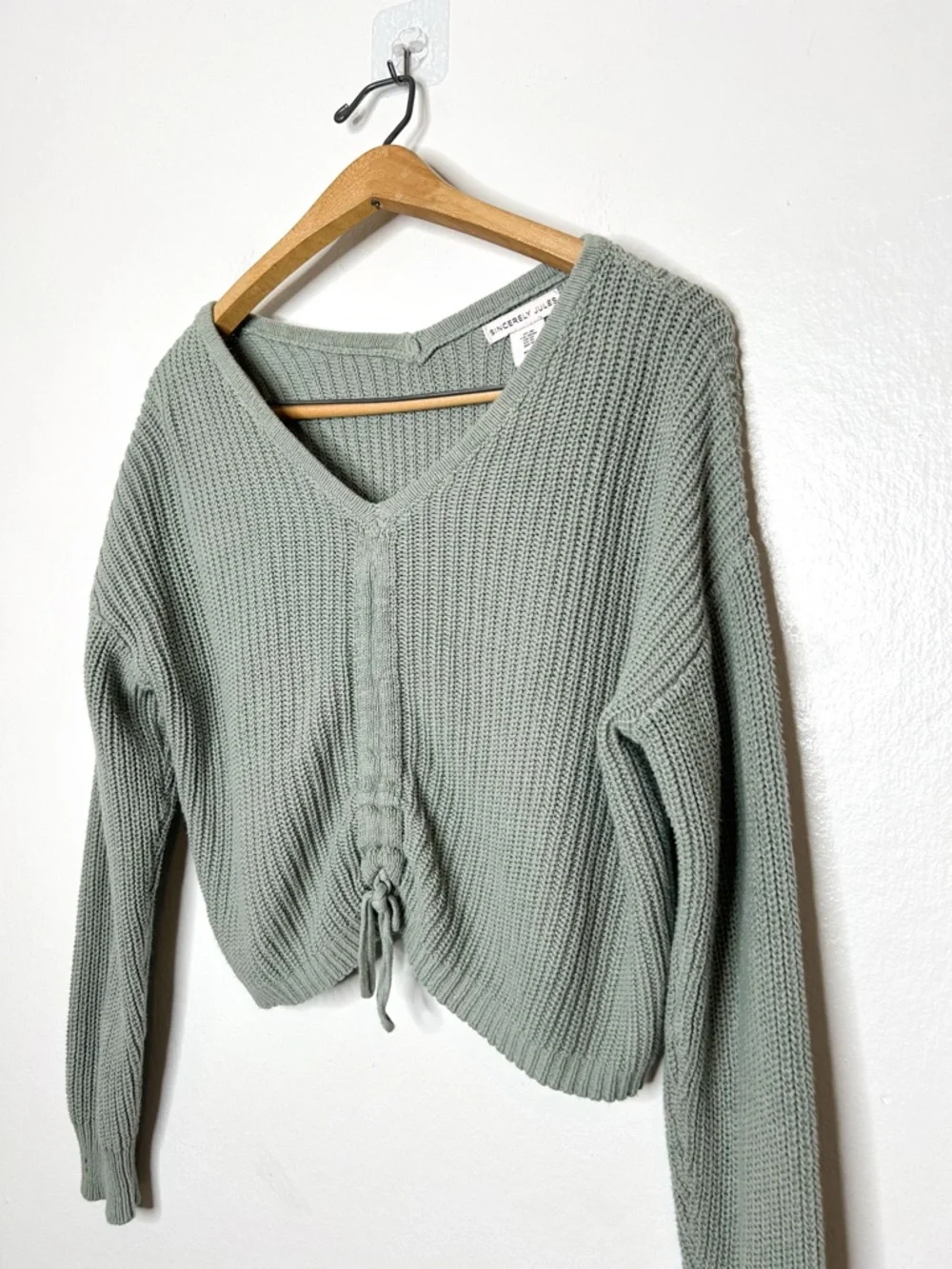 Sincerely Jules Womens Cinched‎ Front Cropped Knit Sweater Olive Green Medium M